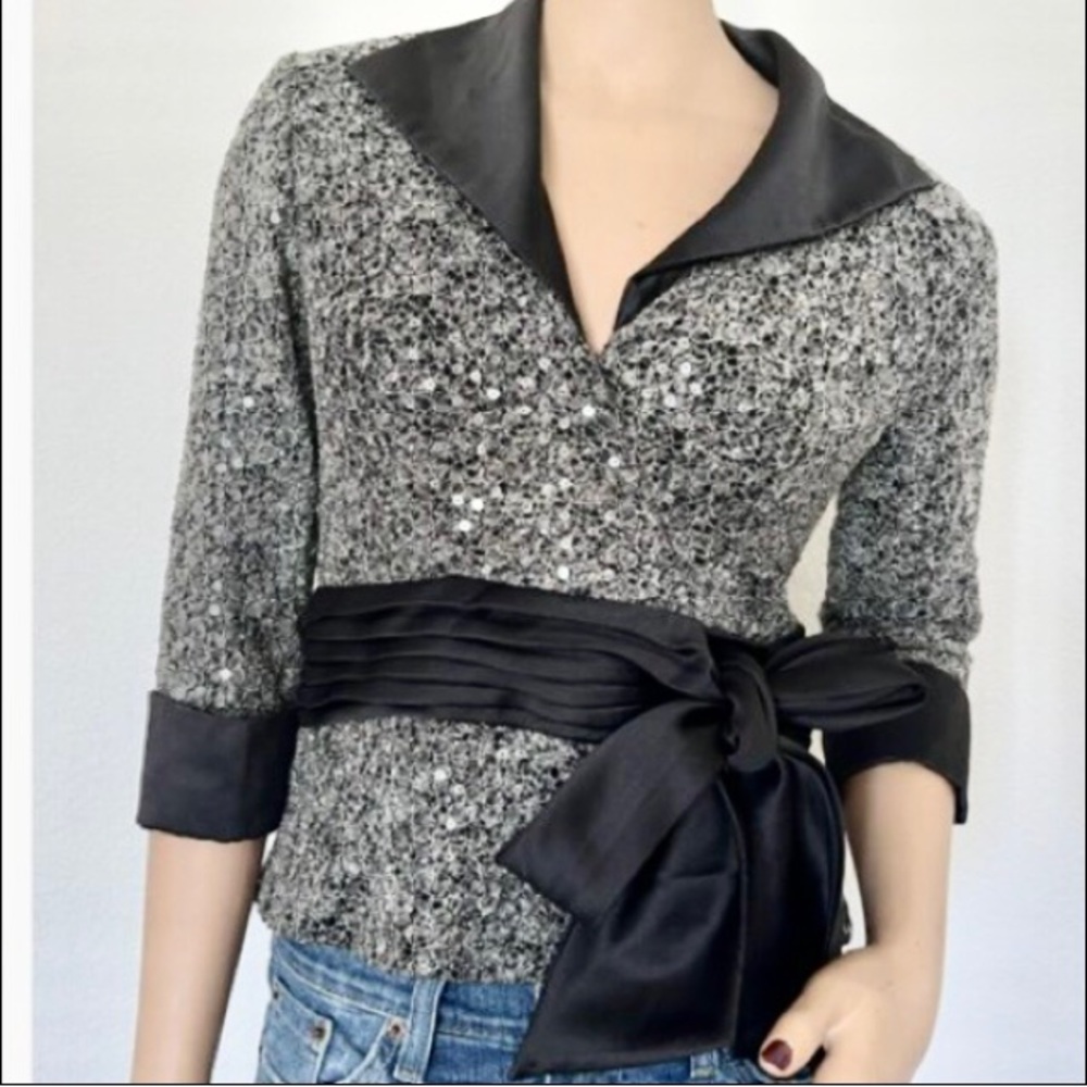 Tadashi Shoji Cocktail Top with Silver Sequins and Bow Size 8